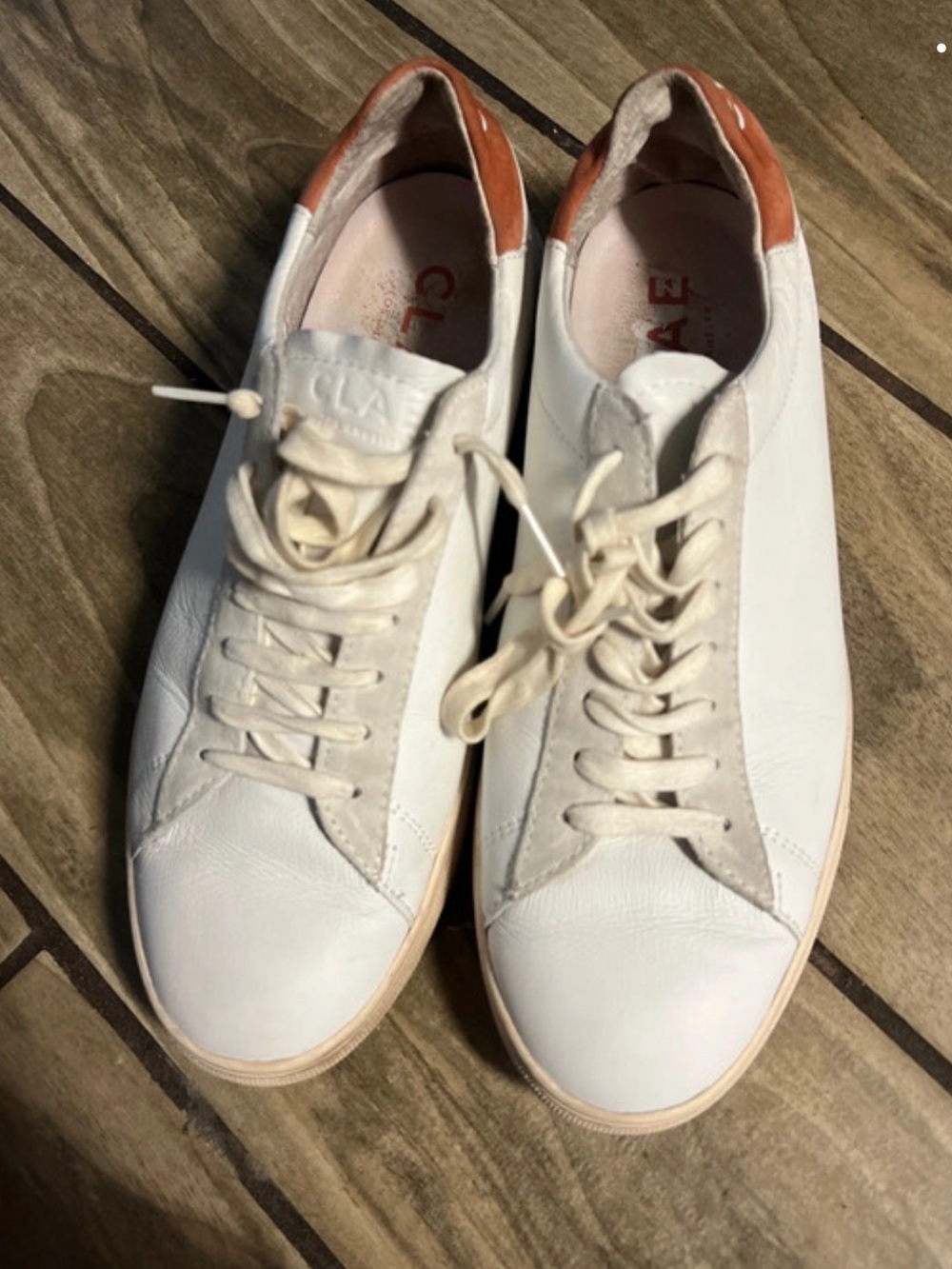 Clae White Leather Sneakers with Brown Heel Accent
